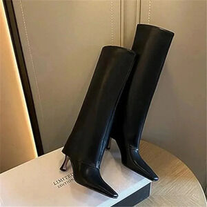 Stiletto Heel Knee High Boots Square Toe Slip On Fold Over Boots For Women